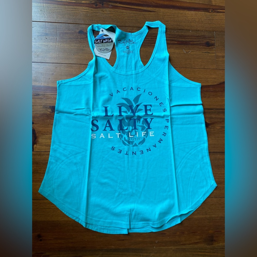 ⛵️Salt Life Women's Aqua Blue/Navy Permanent Vacation (Spanish) Tank Top NWT M